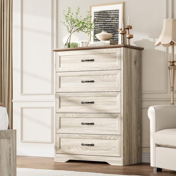 Kicctian 5 Drawer Dresser for Bedroom, Farmhouse Chest of Drawer with Metal Handles, Modern Wooden Storage Cabinet for Living Room, Hallway, Entryway, Grey/Brown Contrast