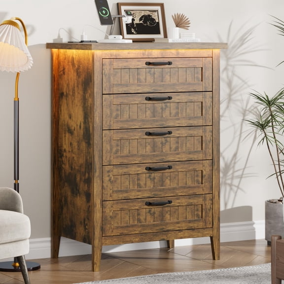 Kicctian 5-Drawer Dresser with LED Lights & Power Outlet – Double Wooden Chest for Bedroom, Closet, Entryway, Hallway,Brown