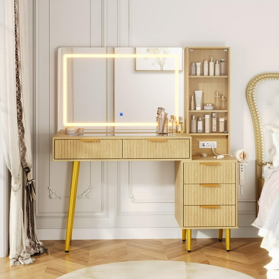 Kicctian 5-Drawer Glass Top Vanity Desk with LED Mirror & Power Outlet - Fluted Modern Dressing Table with Door, Adjustable Shelves & Wood Legs
