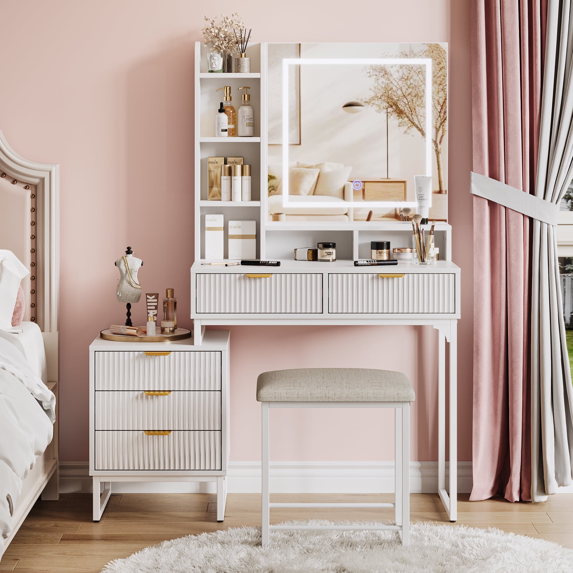 Kicctian 5-Drawer Makeup Vanity Desk with Lighted Mirror & Removable ...