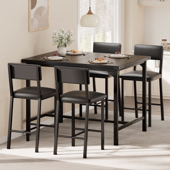 Kicctian 5-Piece Counter Height Dining Set for 4, Space-Saving Furniture, 4 Upholstered Bar Chairs with Footrest & Backrest,Table & Chairs for Small Dining Room,Black