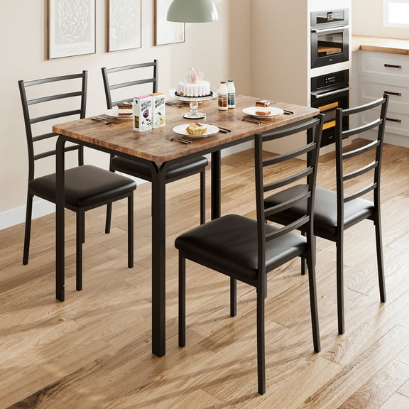 Kicctian 5-Piece Dining Table Set for 4, Rectangular Table with 4 PU Leather Upholstered Chairs, Compact Kitchen & Dining Room Furniture for Apartment, Brown