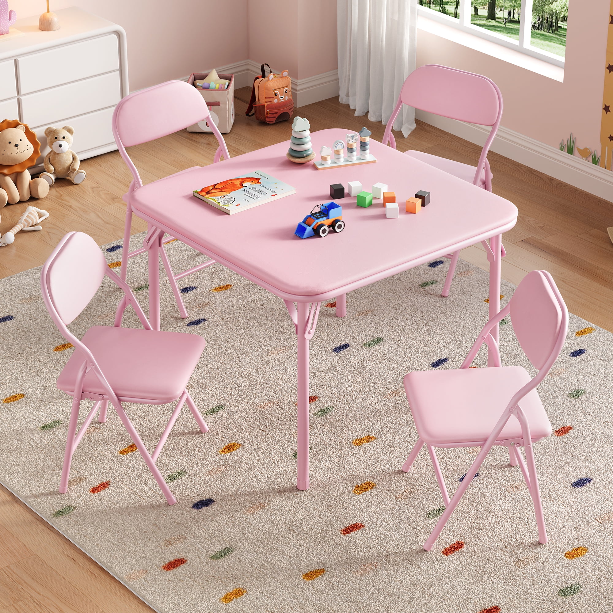 Kicctian 5-Piece Folding Kids Table and Chair Set, PU Leather Soft Cushioned Seats, Sturdy Metal Frame, Portable Space-Saving Activity Center for Dining, Crafts, Learning, Daycare, Study Room,Pink
