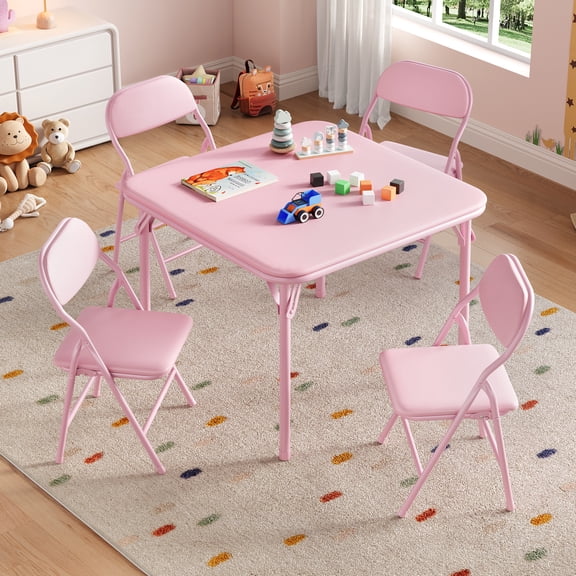 Kicctian 5-Piece Folding Kids Table and Chair Set, PU Leather Soft Cushioned Seats, Sturdy Metal Frame, Portable Space-Saving Activity Center for Dining, Crafts, Learning, Daycare, Study Room,Pink