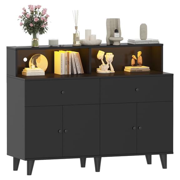 Kicctian 51" Modern Kitchen Pantry Cabinet with Power Outlets & LED Lights, Freestanding Sideboard Hutch, Adjustable Shelves & Drawers, Coffee Bar Buffet for Dining Room, Living Room,Black
