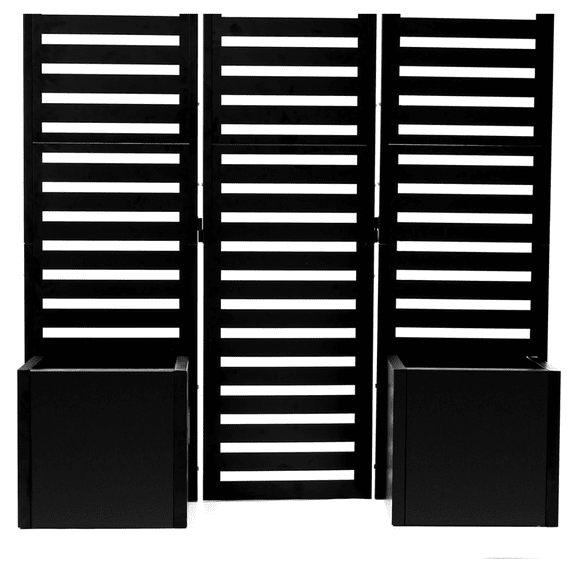 Kicctian 51x70x31 inch Folding 3-Panel Freestanding Metal Privacy Screen with 4 Planters Outdoor Slatted Trellis Garden Partition Suitable for Patios, Balconies, or Backyards, Black