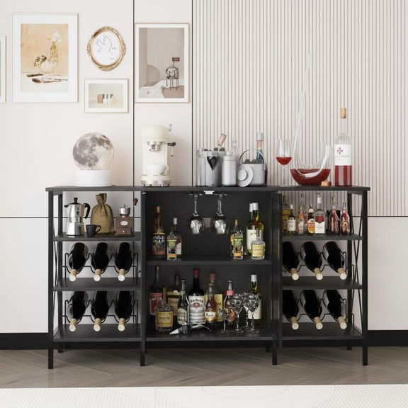 Kicctian 55 Inch Wine Bar Cabinet with LED Light,Sideboard with Wine Rack and Glass Holder, Adjustable Shelves and Mesh Doors, Home Liquor & Wine Storage for Dining Room or Kitchen,Black