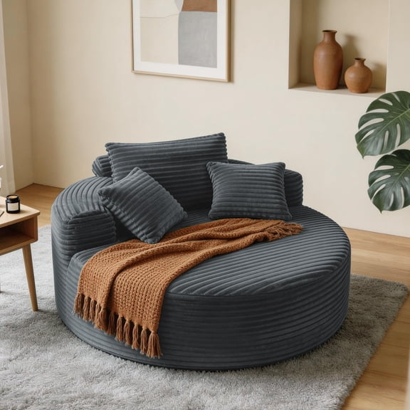 Kicctian 55'' Oversized Round Corduroy Chaise Lounge Chair, Deep Seat Cloud Sofa Bed with 3 Pillows for Living Room,Bedroom,Grey