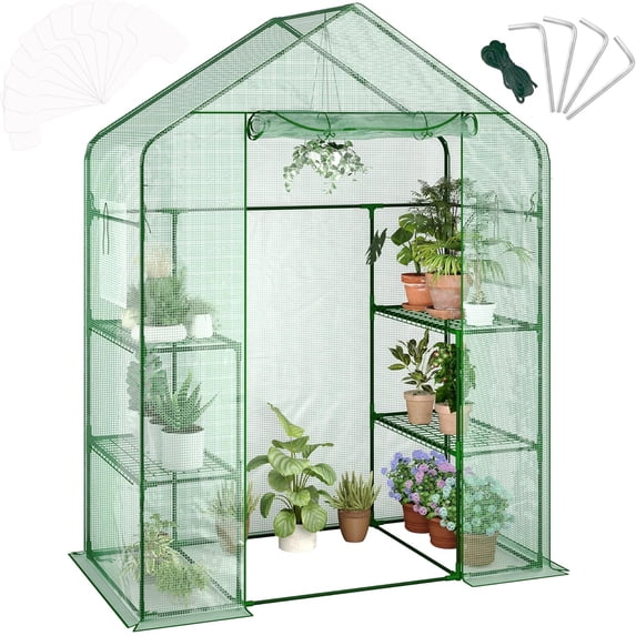 Kicctian 57x29x76 in Walk-in Greenhouse, Galvanized Steel Frame, with Door & 2 Windows, 4 Shelves, Garden Hot House for Yard, Indoor, Backyard, Green