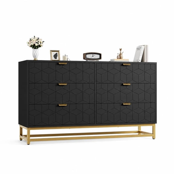 Kicctian 6 Drawer Dresser with Fluted Front and Black Finish for Bedroom Storage