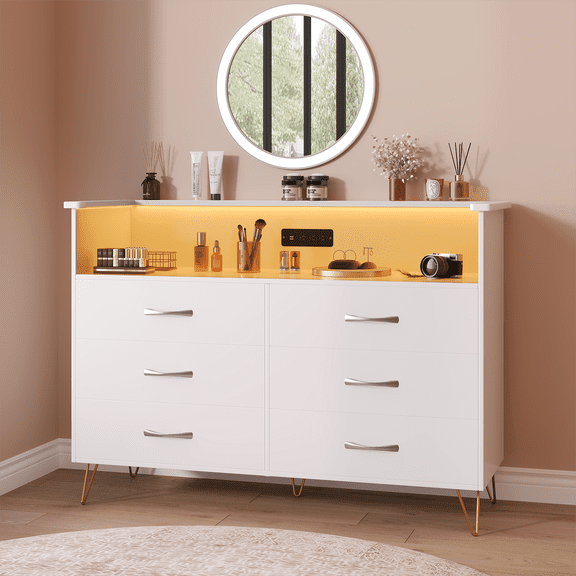 Kicctian 6 Drawer Wood Dressers for Bedroom, White Dresser with Led Lights and Power Outlet, Chest of Drawers for Living Room Closet Entryway