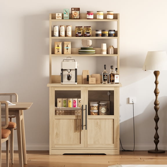 Kicctian 6-Tier Baker's Rack with Built-in Power Outlet, Modern Kitchen Pantry Hutch, Microwave Stand & Coffee Bar Shelf, Thick Tabletop, Storage Cabinet, Tall Organizer for Dining Room,Wood Color