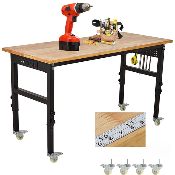 Kicctian 60" Adjustable Workbench with 2000 Lbs Load Capacity, Heavy Duty Rubber Wood Workstation with Power Outlet, 29"-40" Height Adjustable Rolling Mobile Work Table for Garage, Workshop