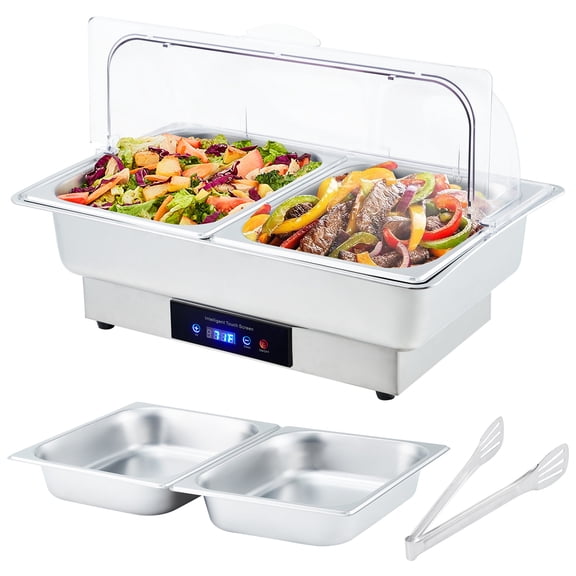 Kicctian 600W Electric Chafing Dish Buffet Server, 9QT Dual 1/2 Size Pan Stainless Steel Food Warmer with Adjustable Temp Control, Double Compartment