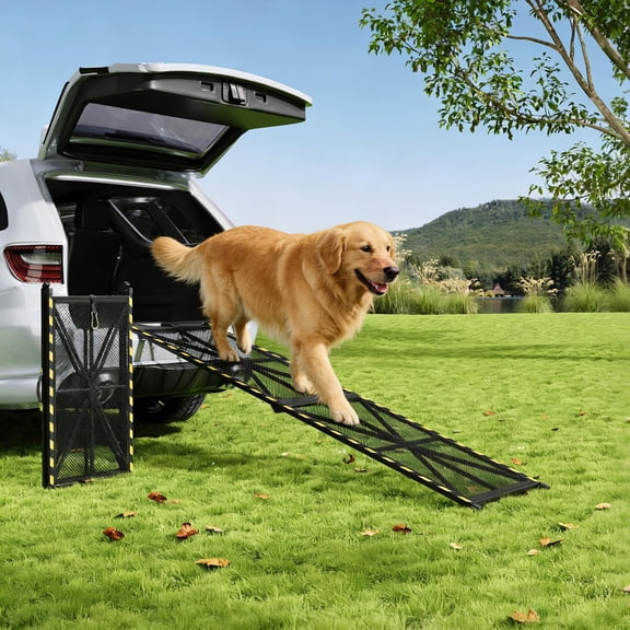 Kicctian 63" × 17" Vehicle Pet Ramp, Steel Dog Ramp with Up to 300 Lbs Weight Capacity, Features Anti-Slip Mesh Surface and Handle, Ideal for Medium and Large Dogs, Fits SUVs, Pickup Trucks and RVs.