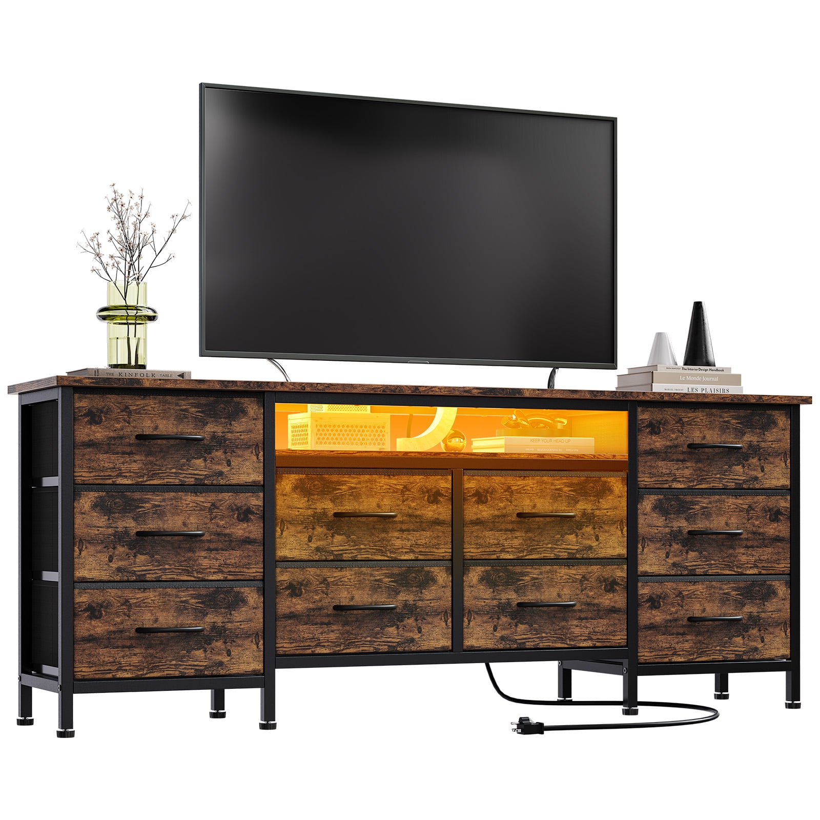 Kicctian 63" Wide Black Dresser with 10 Fabric Drawers Dresser with LED Lights and Power Outlet – Dresser for Bedroom & TV Stand for Living Room,Brown