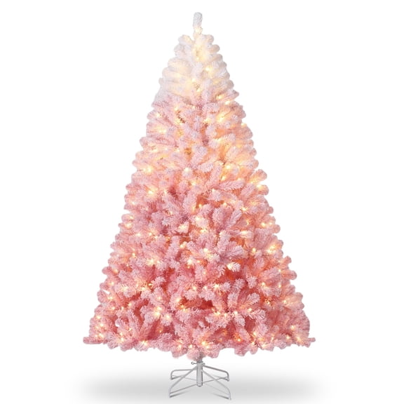 Kicctian 7.5ft Pre-Lit Pink Snow-Flocked Artificial Christmas Tree, Warm White LED Holiday Tree with Collapsible Metal Stand