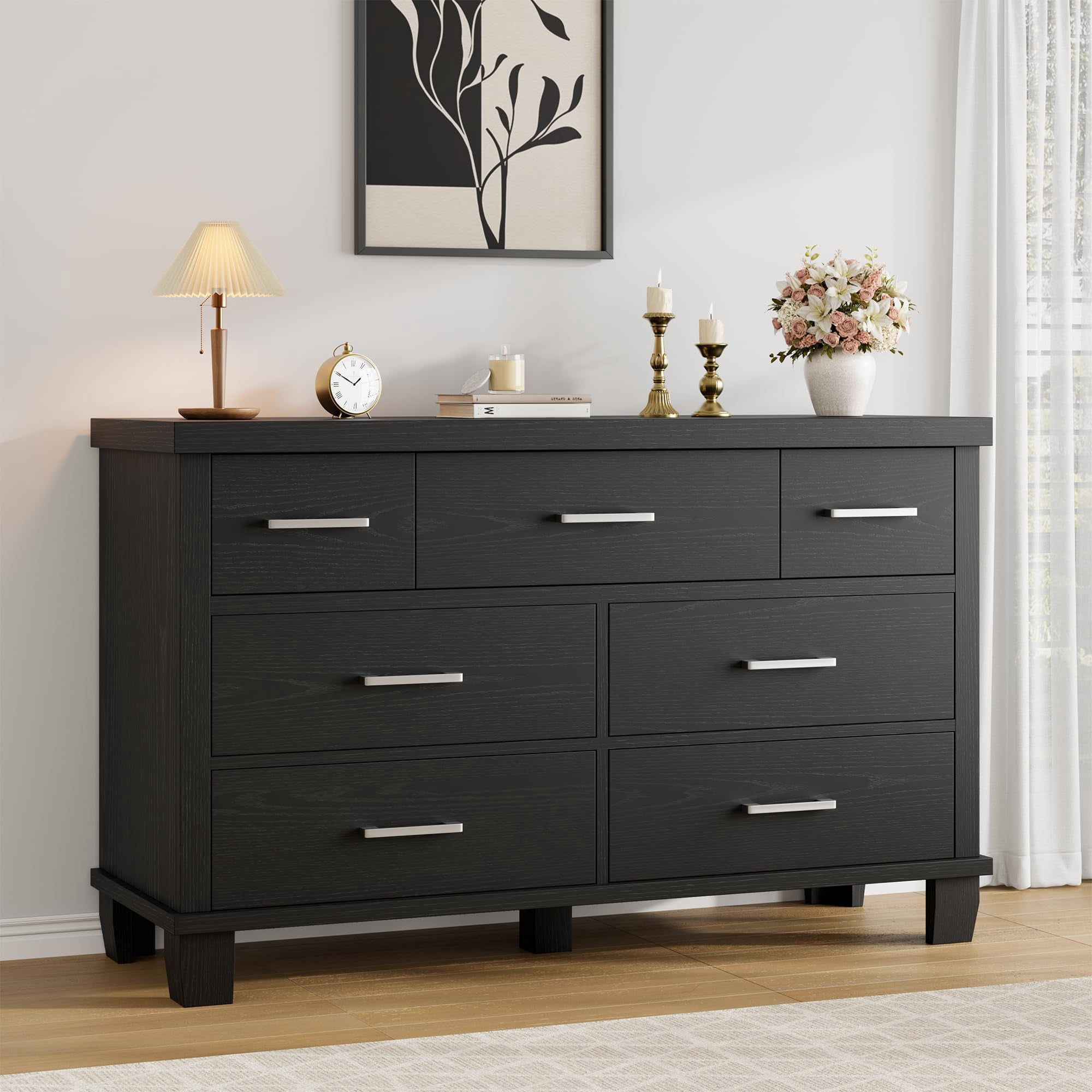 Kicctian 7 Drawer Dresser for Bedroom, 51" Wide Modern Wood Chest of Drawers, Wooden Closet Organizer with Metal Handles, Bedroom Living Room,Black