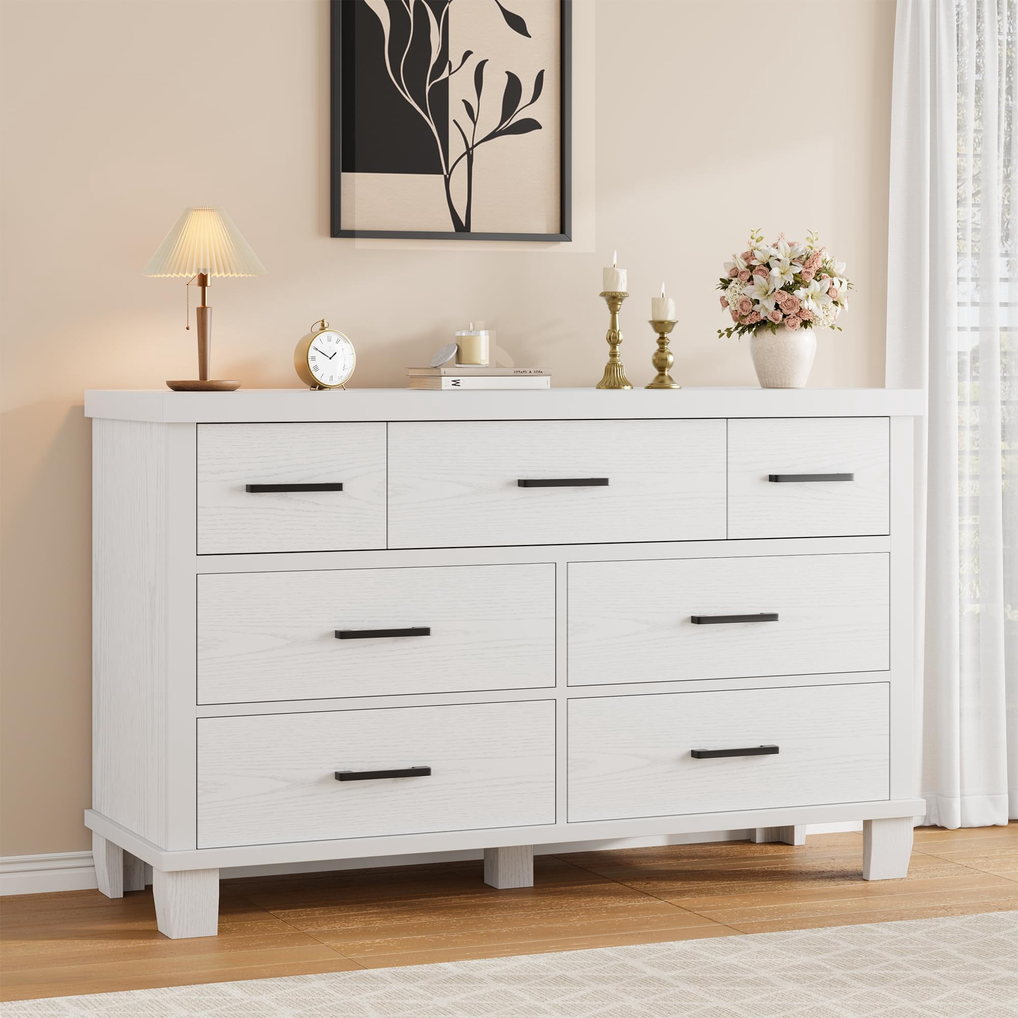 Kicctian 7 Drawer Dresser for Bedroom, 51" Wide Modern Wood Chest of Drawers, Wooden Closet Organizer with Metal Handles, Bedroom Living Room,White