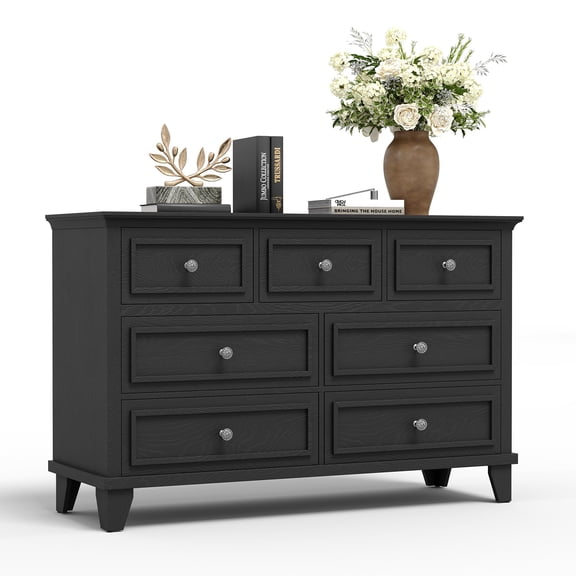 Kicctian 7 Drawers Dresser for Bedroom, Wooden Chest of Drawers with Vintage Handle, Wide Dresser for Living Room,Black