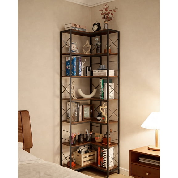 Kicctian 7-Tier Industrial Corner Shelf, Wood and Metal Frame Large Bookcase, Freestanding Display Shelf for Living Room, Home Office, Bedroom,Brown