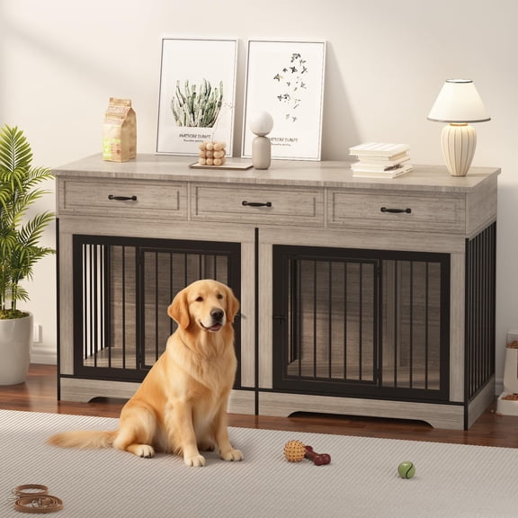 Kicctian 70.9" Heavy Duty Double Dog Crate Furniture for 2 Medium to Large Dogs, Wooden Indoor Kennel with 3 Drawers, Multi-Functional End Table & TV Stand,Grey
