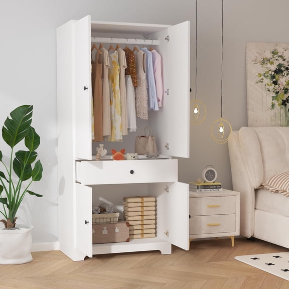 Kicctian 71" Freestanding Armoire Wardrobe Closet, Clothing Storage Cabinet with Doors, Hanging Space & Shelves,White