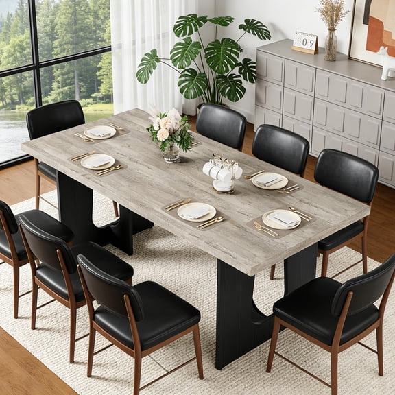 Kicctian 71" Long Rectangular Dining Table for 6-8, Wooden Tabletop with Heavy Duty Metal Pedestal Legs, Dining Table for Home, Apartment or Conference Room, Grey(only table)