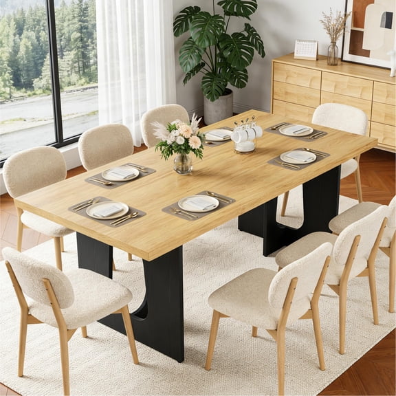 Kicctian 71" Long Rectangular Dining Table for 6-8, Wooden Tabletop with Heavy Duty Metal Pedestal Legs, Dining Table for Home, Apartment or Conference Room, Wood Color (only table)