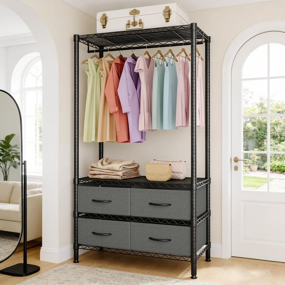 Kicctian 71" Portable Clothes Rack, Garment Rack with Detachable Hang Rod & 4 Fabric Drawers, Freestanding Metal Closet with Storage Shelves, Adjustable for Bedroom, Home, Dorm, 35.4"Lx15.7"W