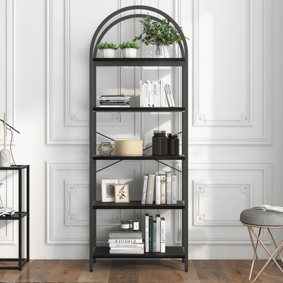 Kicctian 71" Tall 5-Tier Open Bookcase with Arched Design, Curved Metal Frame Modern Bookshelf, Freestanding Display Storage Rack for Living Room, Bedroom or Office,Black