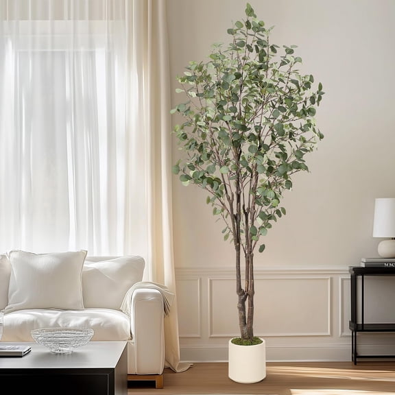 Kicctian 7FT Artificial Eucalyptus Tree with White Planter, Tall Lifelike Greenery for Living Room Office Home Decor