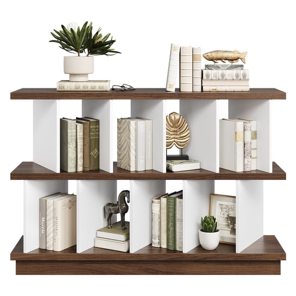 Kicctian 8-Cube Geometric Low Bookcase, Versatile Display Storage Organizer for Living Room, Bedroom or Home Office,Brown+White