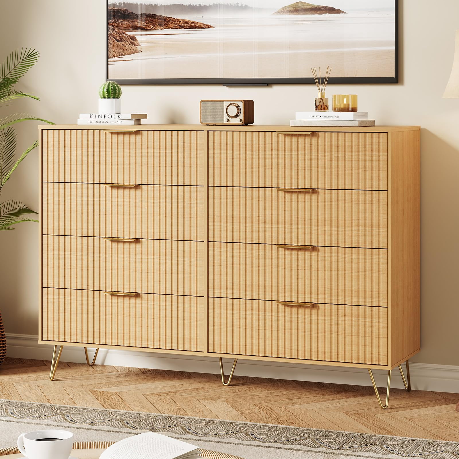 Kicctian 8-Drawer Fluted Dresser with Metal Handles, 55 Inch Wide ...