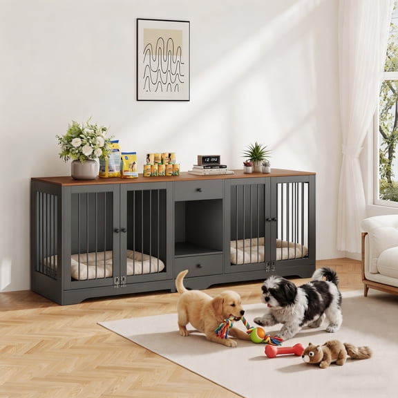 Kicctian 83" Multi-Functional Dog Crate Furniture for Medium & Large Dogs, Indoor Kennel with 4 Doors, 2 Drawers & Secure Locks, Black