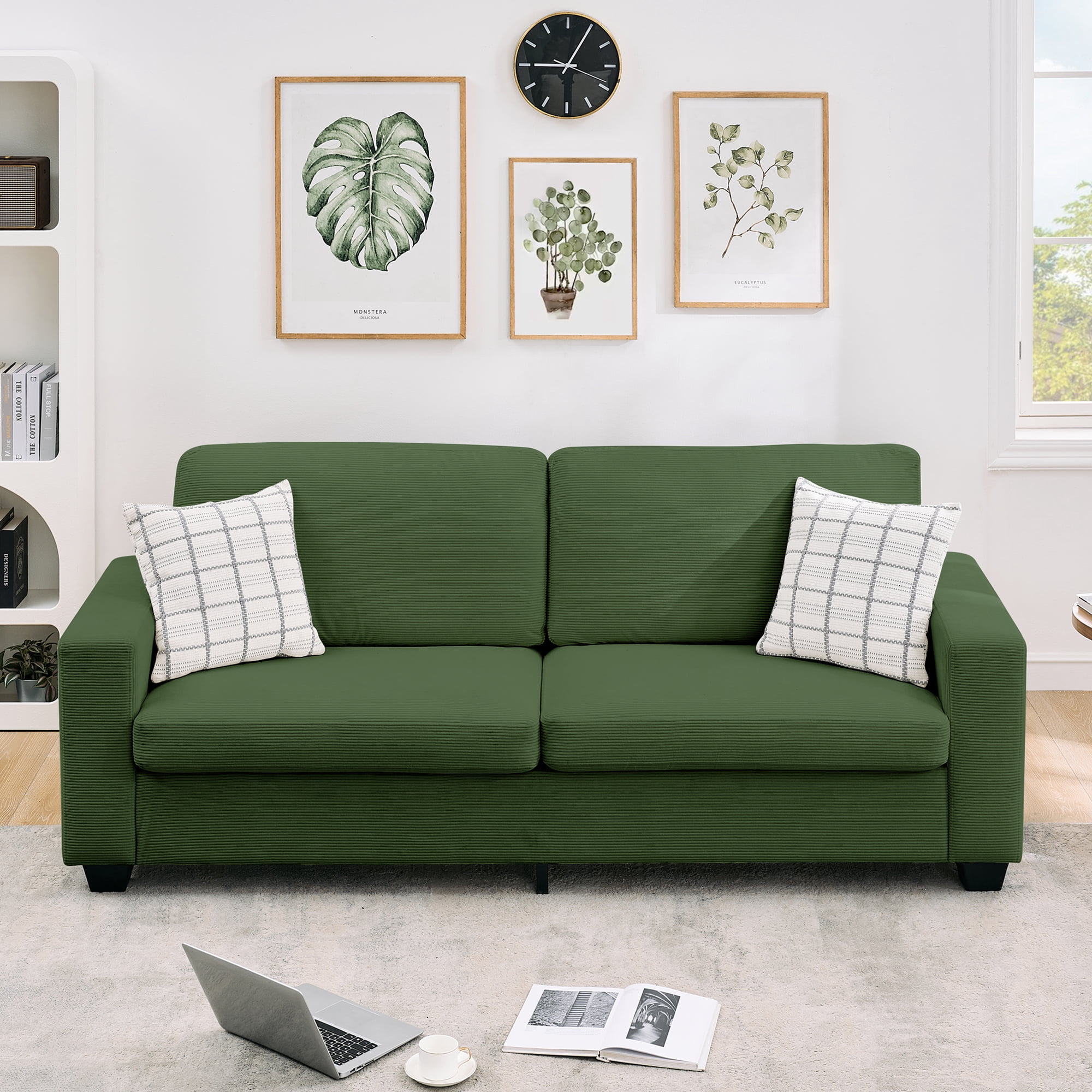 Kicctian 83" Wide 3-Seater Corduroy Couch with Deep Seat, Modern Sofa with Washable Covers and Wide Armrests, Comfortable Loveseat for Living Room, Bedroom, Office or Small Spaces,Green