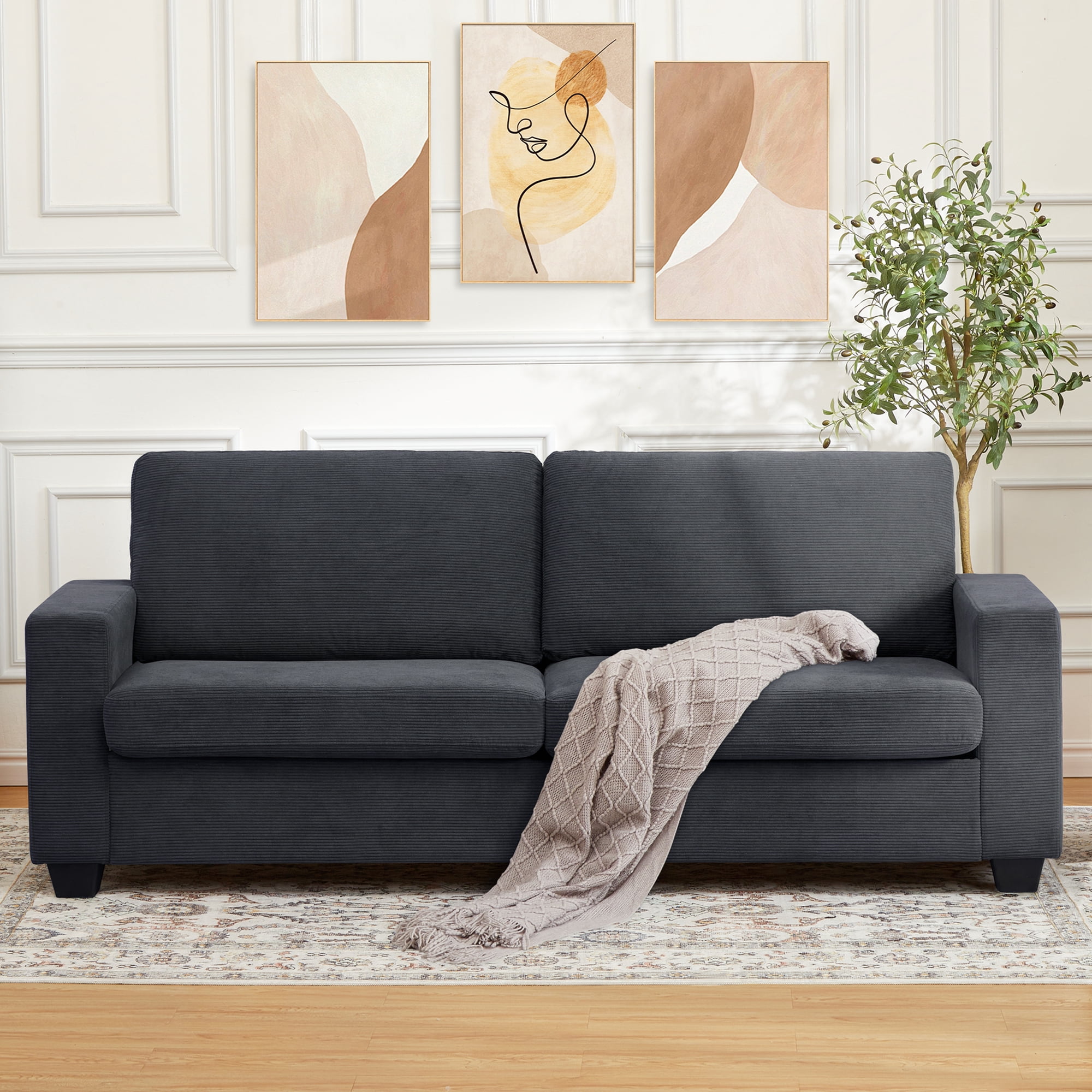 Kicctian 83" Wide 3-Seater Corduroy Couch with Deep Seat, Modern Sofa with Washable Covers and Wide Armrests, Comfortable Loveseat for Living Room, Bedroom, Office or Small Spaces,Grey