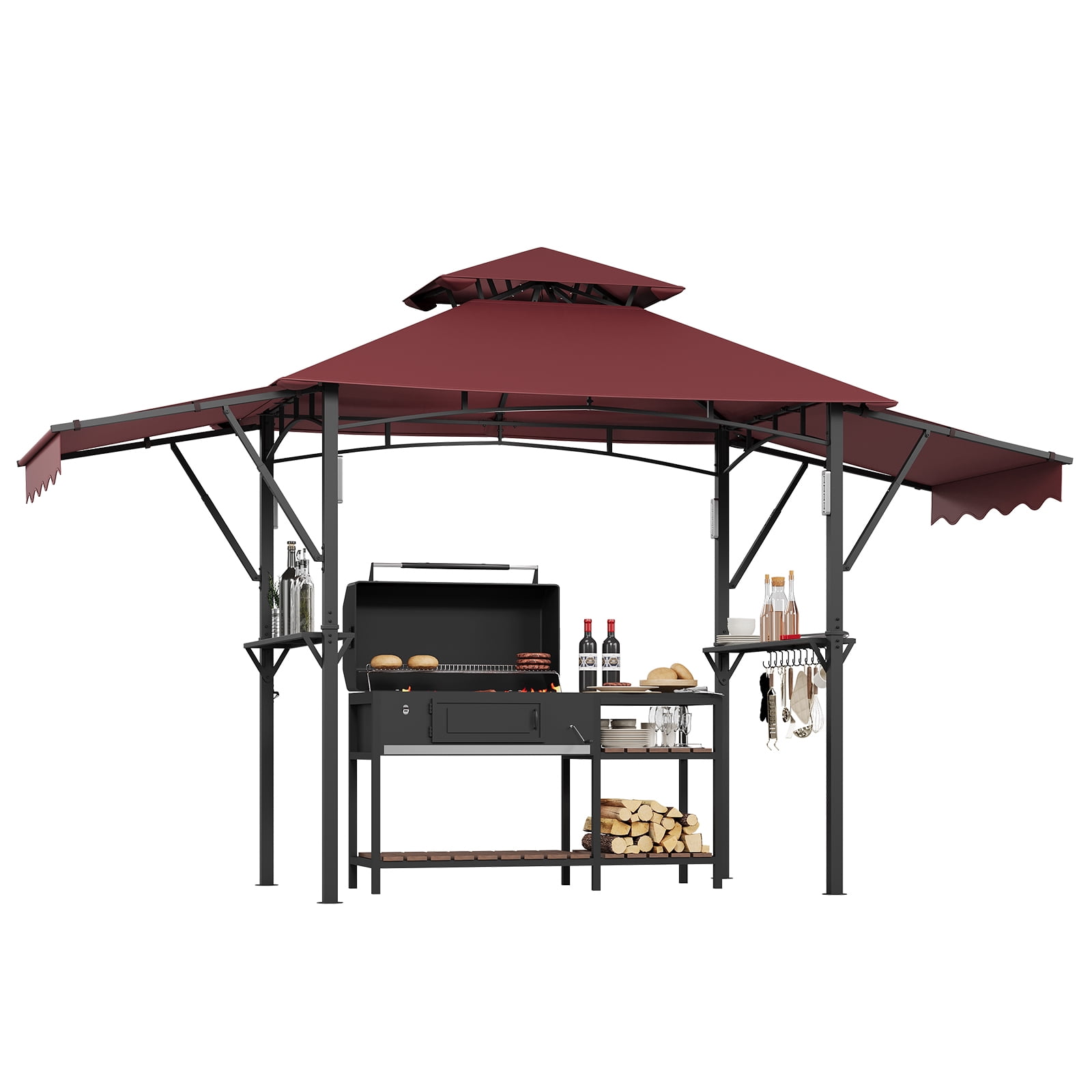 Kicctian 8x5 ft Heavy Duty Grill Gazebo for Outdoor BBQ, Double-Tier Steel Patio Shelter with Adjustable Dual Side Awnings, 2 Utility Shelves, Hooks and 4 LED Lights, for Backyard, Camping, Wine Red