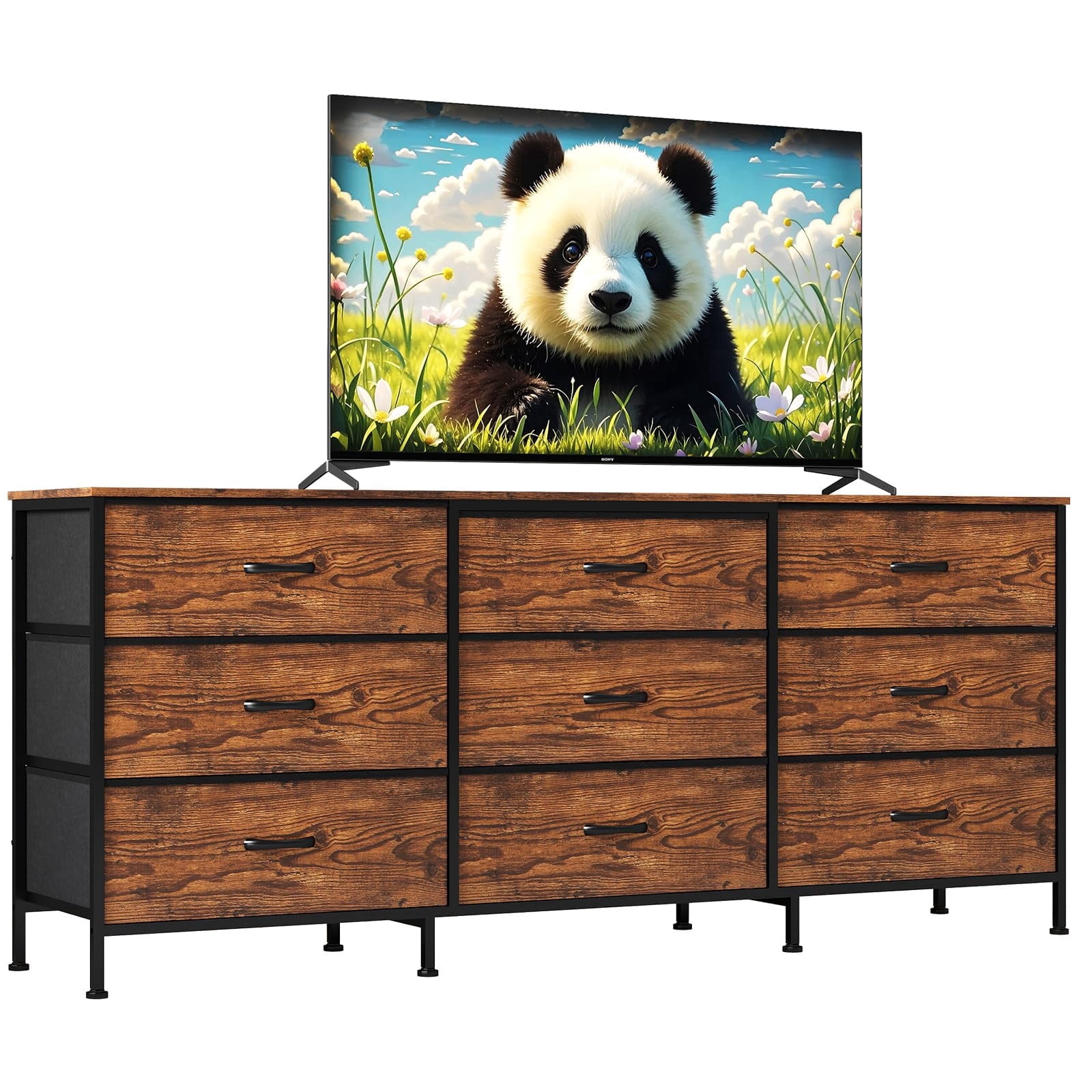 Kicctian 9-Drawer Dresser 63" Long TV Stand with Wooden Top & Fabric Storage Dresser for Bedroom,Living Room,Brown