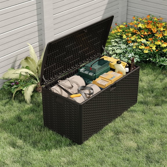 Kicctian 99 Gallon Outdoor Storage Chest, Lockable Weatherproof HDPE Resin Deck Box with Hydraulic Lid, UV-Resistant Large Capacity Container for Tools, Pool Toys, Patio,Black
