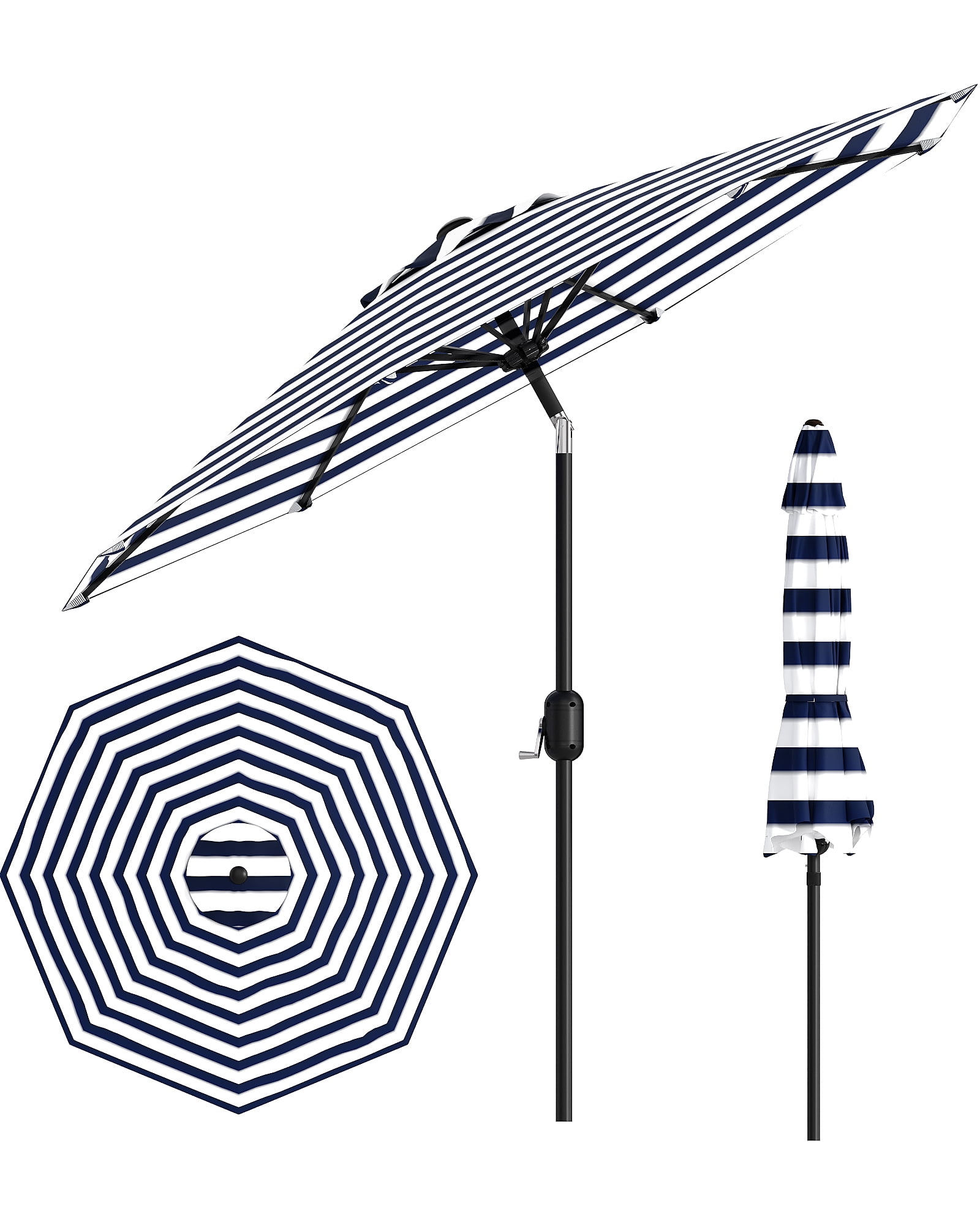 Kicctian 9FT Outdoor Patio Umbrella, Market Umbrella with 8 Sturdy Ribs, Push Button Tilt & Crank Lift, UV Protection, Waterproof Canopy for Garden, Deck, Pool - Black and White Stripes
