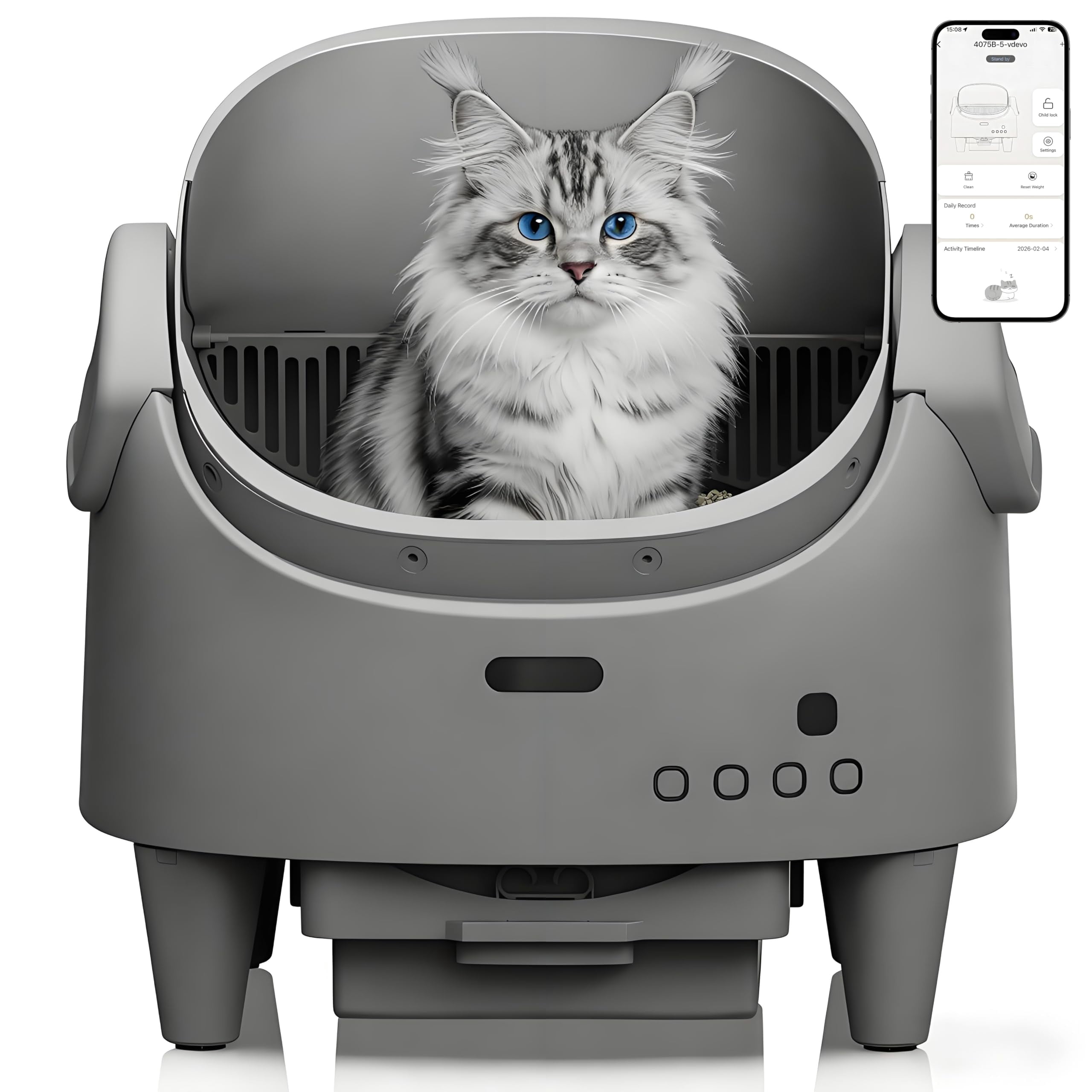 Kicctian Automatic Self-Cleaning Cat Litter Box – Open-Top Robot Design, 15-Layer Multi-detector Safety, Smart App Control, Adjustable Entry Height, Odor Control, Large Waste Bin –Gray