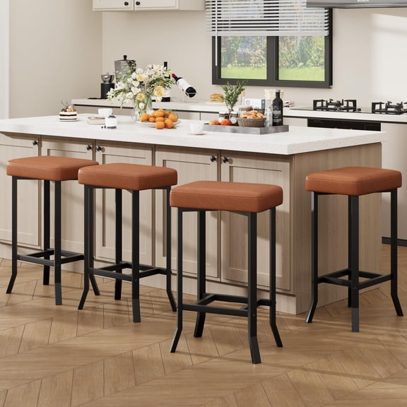 Kicctian Bar Stools Set of 4 – 24" Counter Height Leather Barstools with Irregular Legs, Compact for Small Spaces, Kitchen Home Bar Dining Room, Caramel,Brown