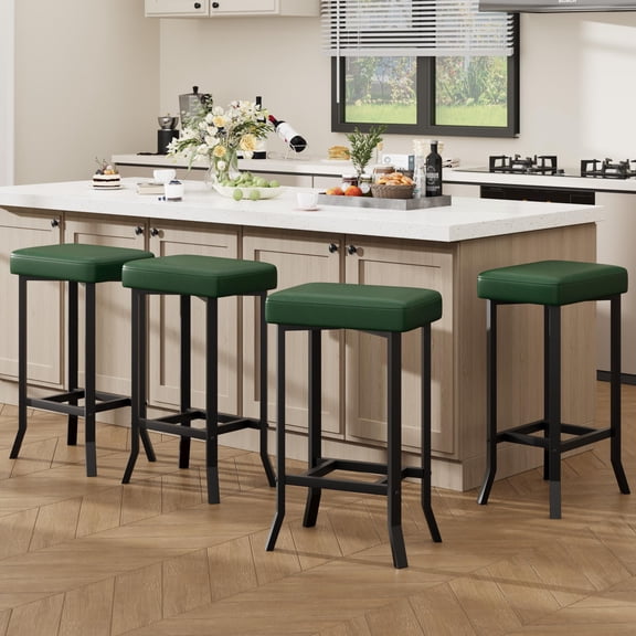 Kicctian Bar Stools Set of 4 – 24" Counter Height Leather Barstools with Irregular Legs, Compact for Small Spaces, Kitchen Home Bar Dining Room, Caramel,Green