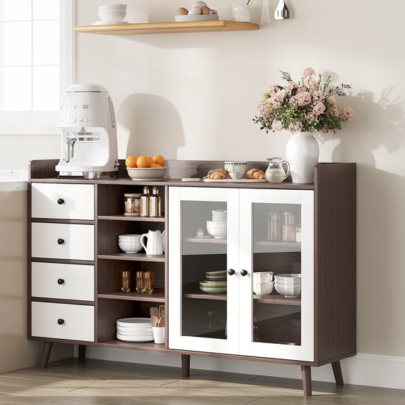 Kicctian Buffet Cabinet with Storage, 55" Sideboard Cabinet with Glass Doors, Adjustable Shelves and Drawers, Modern Storage Cabinet for Living Room, Dining Room, Kitchen, Walnut