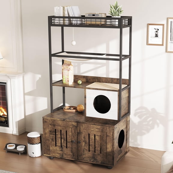 Kicctian Cat Litter Box Enclosures with Storage Rack, Enclosed Litter Box Furniture, Hammock, Sisal Balls and Cat Scratching Mat,Brown