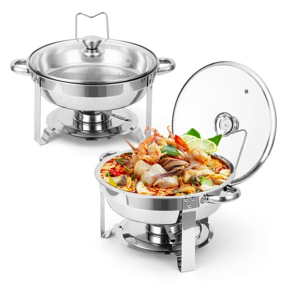 Kicctian Chafing Dish Buffet Set 2 Pack, 5QT Round Stainless Steel Chafers and Buffet Warmers Sets with Glass Lid & Lid Holder, Ideal for Parties, Wedding, Camping, Silver