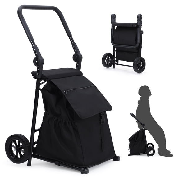 Kicctian Collapsible Wagon Cart, Portable Collapsible Shopping Cart with Removable 32.5 Gal Waterproof Bag, Cushioned Seat, Adjustable Non-Slip Handle  Ideal for Gardening, Groceries, Travel, Black