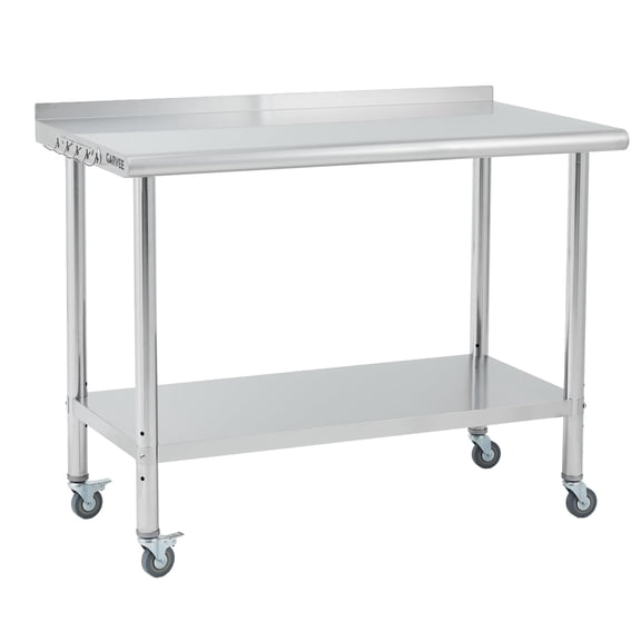 Kicctian Commercial Stainless Steel Prep Table 30x24x35 in – Heavy Duty Worktable with Backsplash, Undershelf, Curved Edge, 4 Casters – Mobile, With Casters,Backrest, Curved Edge