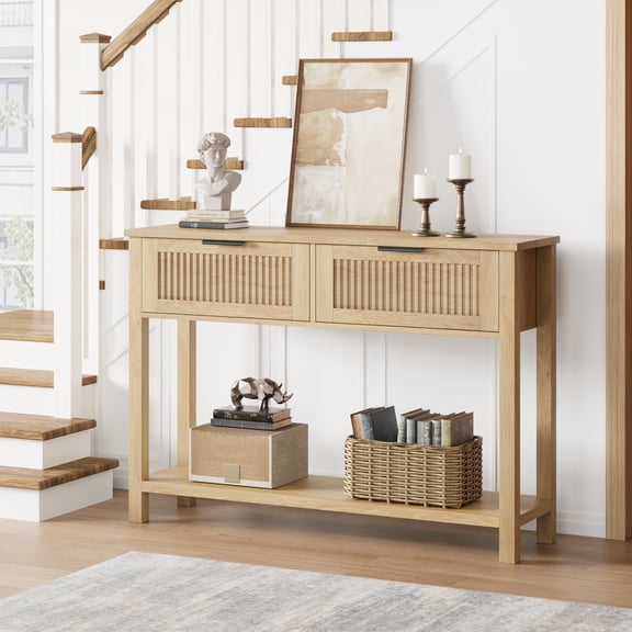 Kicctian Console Table Sofa Table with 2 Drawers & Open Storage Shelf, 43" Narrow Entryway Table for Living Room, Hallway, Bedroom, Natural Wood Color 1